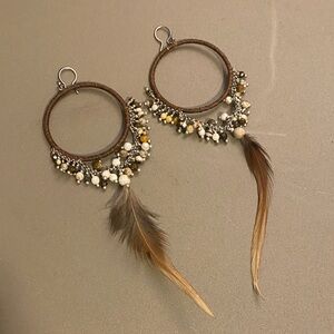 Chan Luu Brown Feather Hoop Agate Bead Earrings